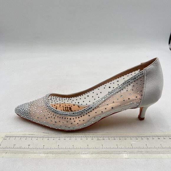 XYD Silver Pointed Toe Slip On Mesh Pumps Rhinestone Studs Kitten Heels Shoes - Picture 2 of 8